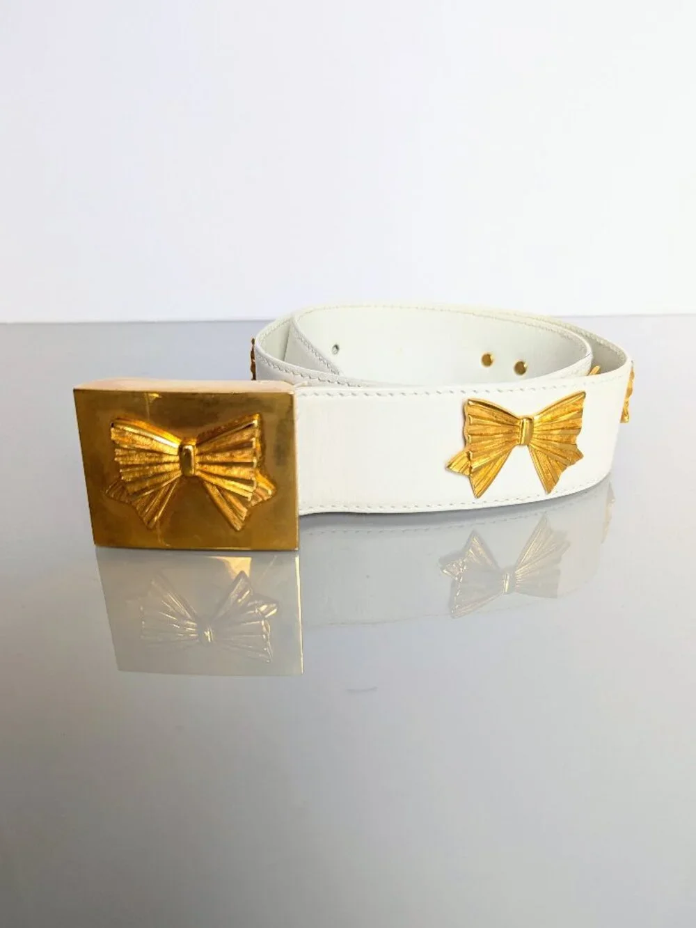 Escada Vintage White Leather Belt Gold Tone Bow Studs Bow Belt Buckle